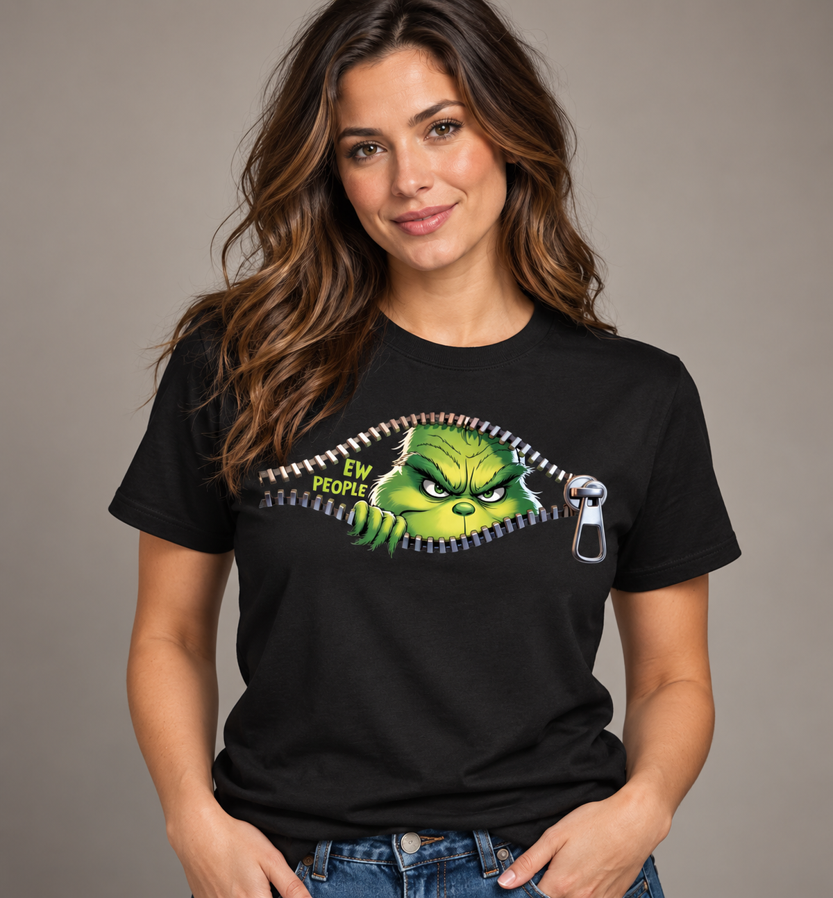 EW PEOPLE Green Zipper Graphic Tee