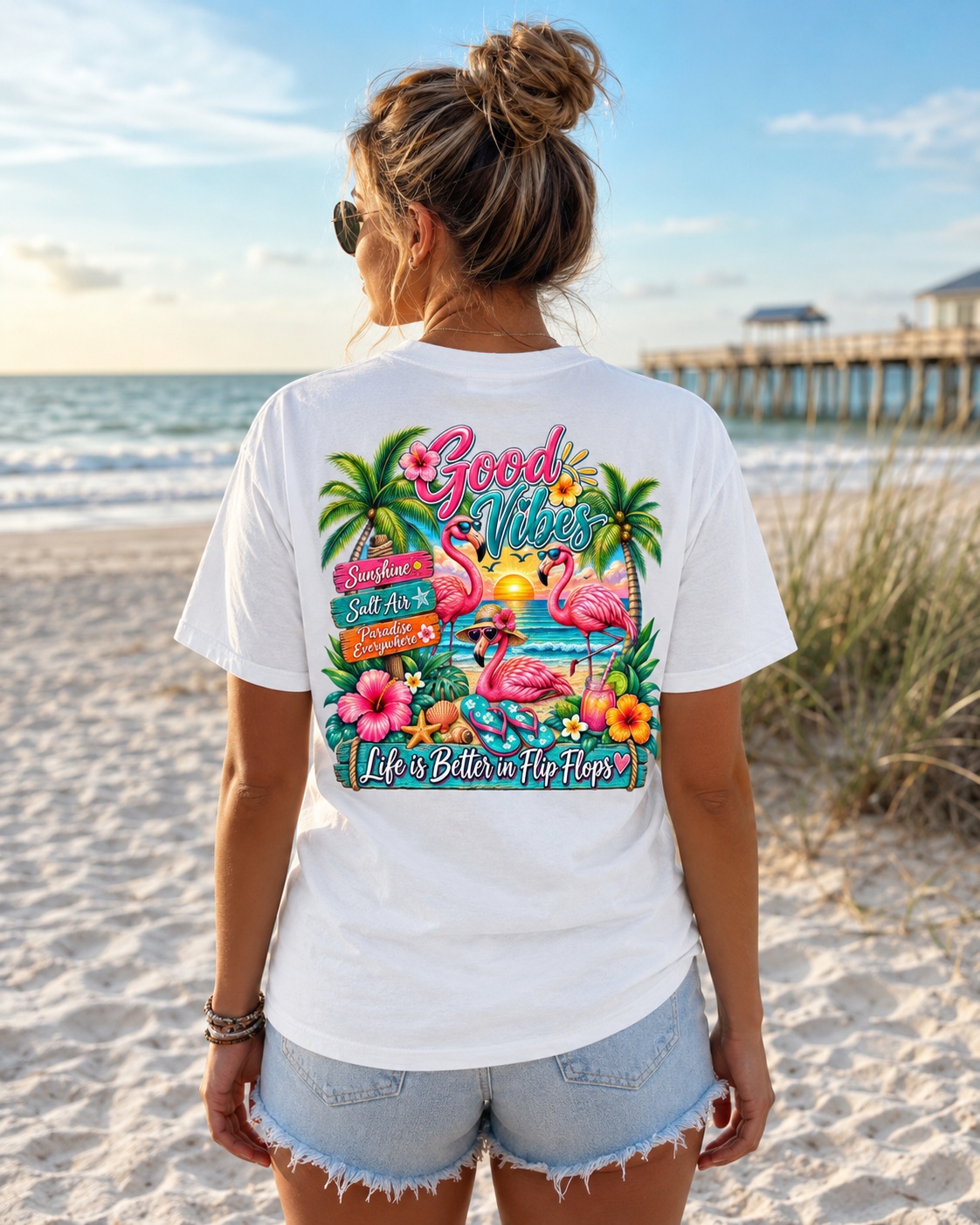 Good Vibes Flamingo Beach T-Shirt – Life is Better in Flip Flops
