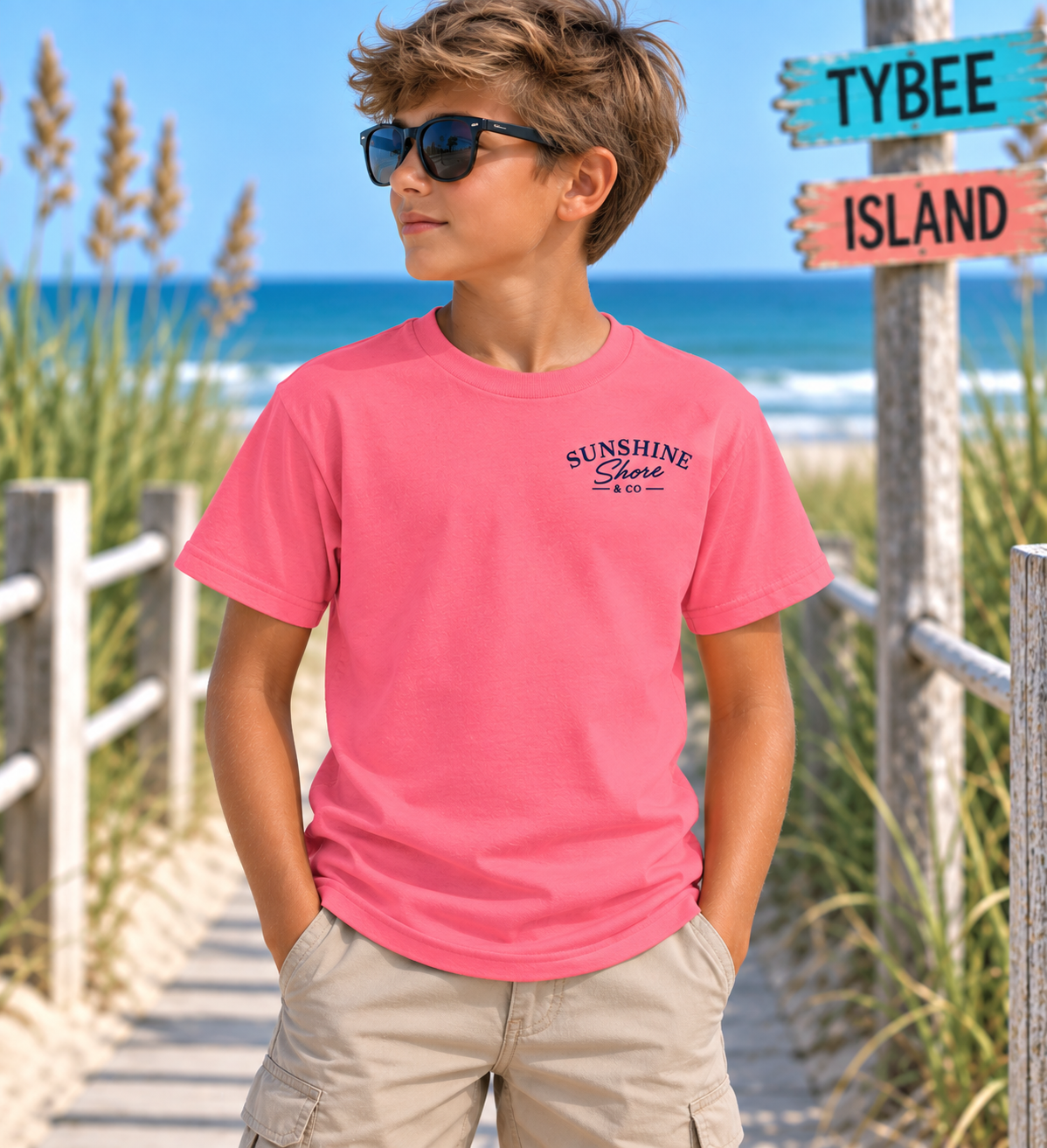 Youth Tybee Island Misfits Tee – Beach Crew Graphic T-Shirt Coral