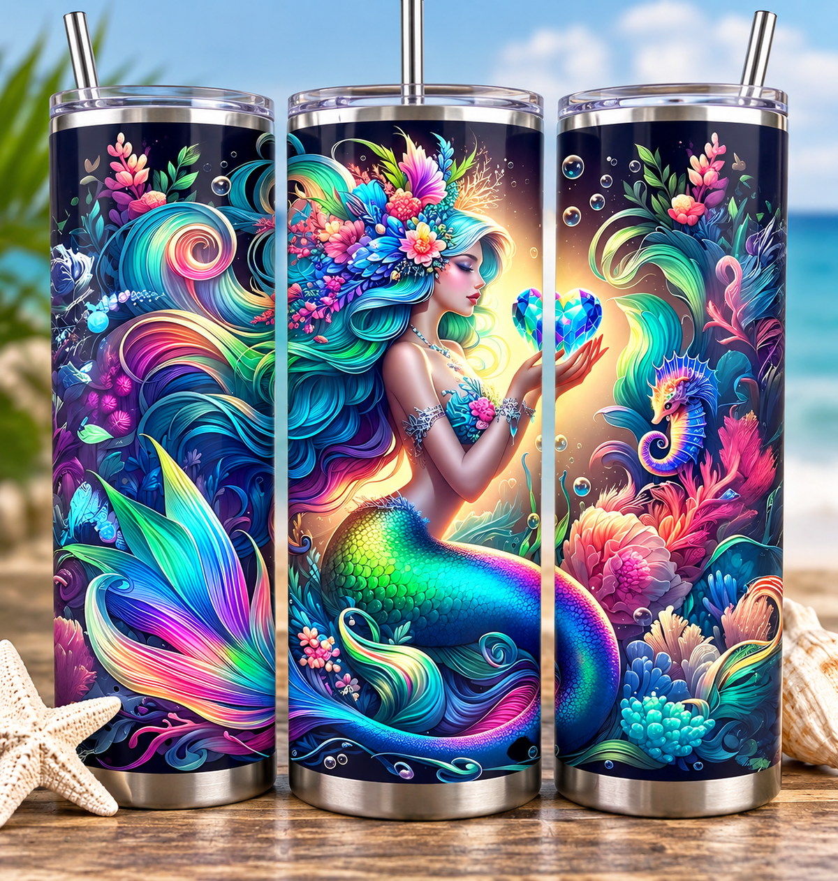 Enchanted Mermaid Rainbow Heart 20 oz Tumbler – Under the Sea Fantasy Design