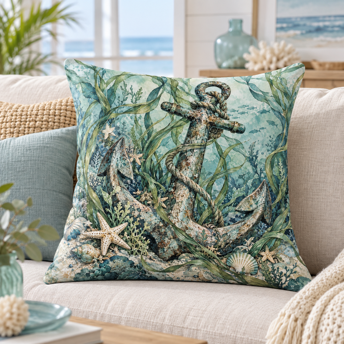 Weathered Anchor Coastal Throw Pillow